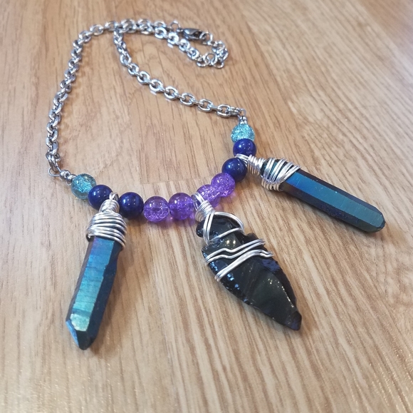 Hand Crafted Jewelry - Obsidian Arrowhead Lapis Glass Stainless Necklace